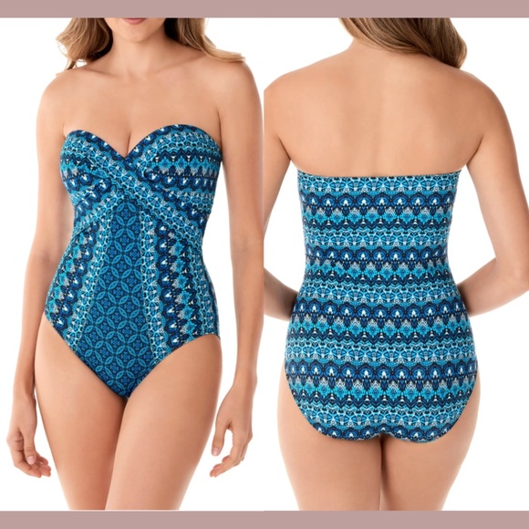 NWT Miraclesuit [ 16 US ]‎ Mosaica Seville Bandeau One-Piece Swimsuit Blue - Picture 1 of 12